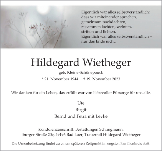 Traueranzeige von Hildegard Wietheger von Neue Osnabrücker Zeitung GmbH & Co. KG