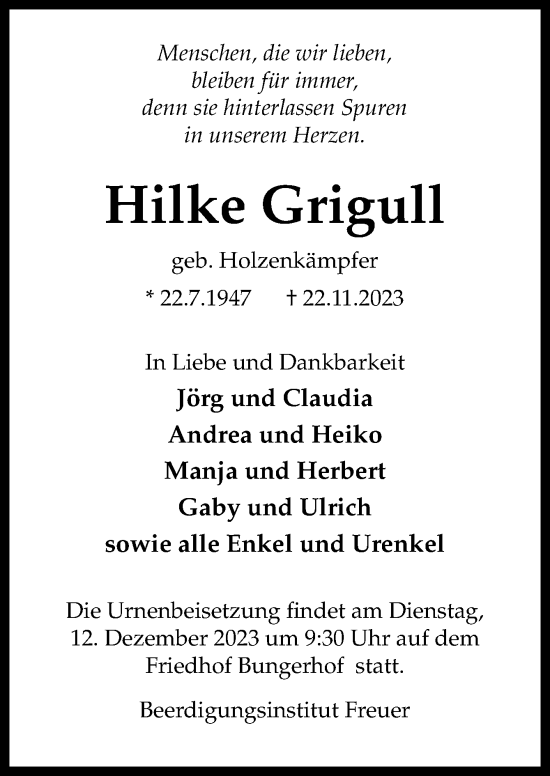 Traueranzeige von Hilke Grigull von DK Medien GmbH & Co. KG