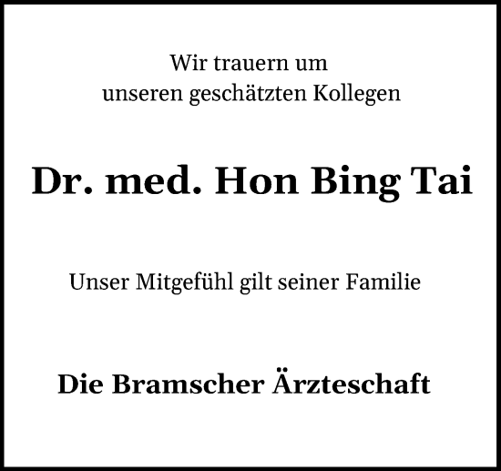 Traueranzeige von Hon Bing Tai von Neue Osnabrücker Zeitung GmbH & Co. KG