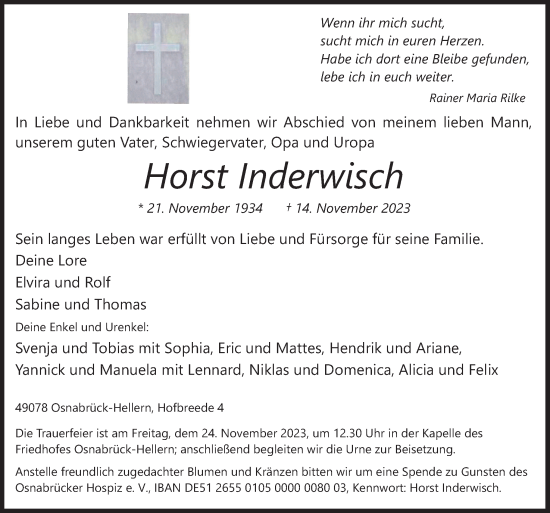 Traueranzeige von Horst Inderwisch von Neue Osnabrücker Zeitung GmbH & Co. KG