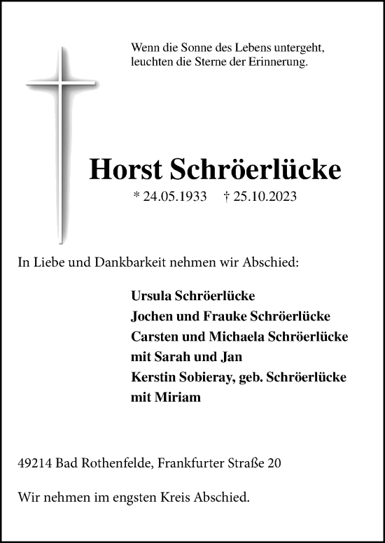 Traueranzeige von Horst Schröerlücke von Neue Osnabrücker Zeitung GmbH & Co. KG