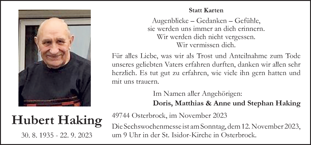  Traueranzeige für Hubert Haking vom 10.11.2023 aus Neue Osnabrücker Zeitung GmbH & Co. KG