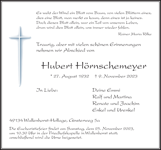 Traueranzeige von Hubert Hörnschemeyer von Neue Osnabrücker Zeitung GmbH & Co. KG