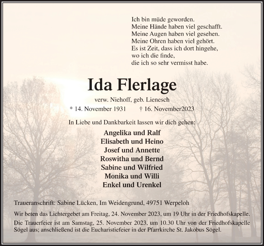  Traueranzeige für Ida Flerlage vom 18.11.2023 aus Neue Osnabrücker Zeitung GmbH & Co. KG