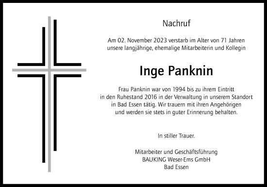 Traueranzeige von Inge Panknin von Neue Osnabrücker Zeitung GmbH & Co. KG