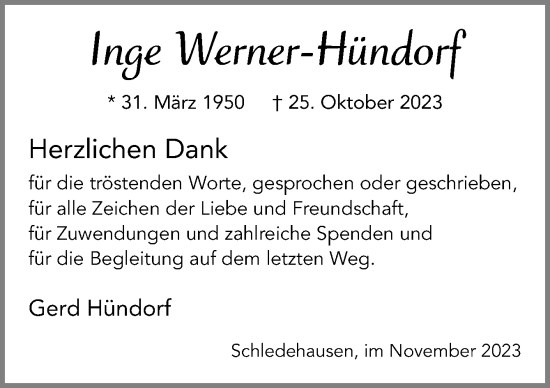 Traueranzeige von Inge Werner-Hündorf von Neue Osnabrücker Zeitung GmbH & Co. KG