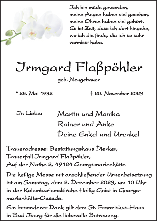 Traueranzeige von Irmgard Flaßpöhler von Neue Osnabrücker Zeitung GmbH & Co. KG