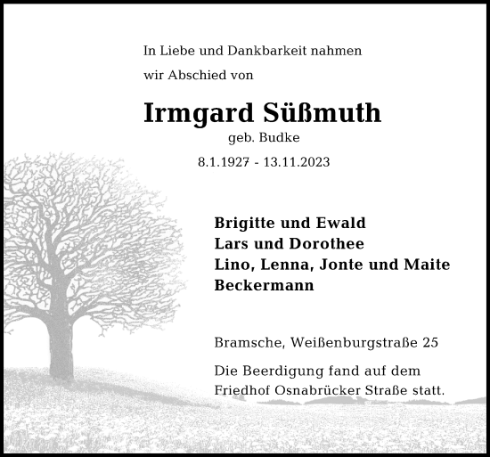 Traueranzeige von Irmgard Süßmuth von Neue Osnabrücker Zeitung GmbH & Co. KG
