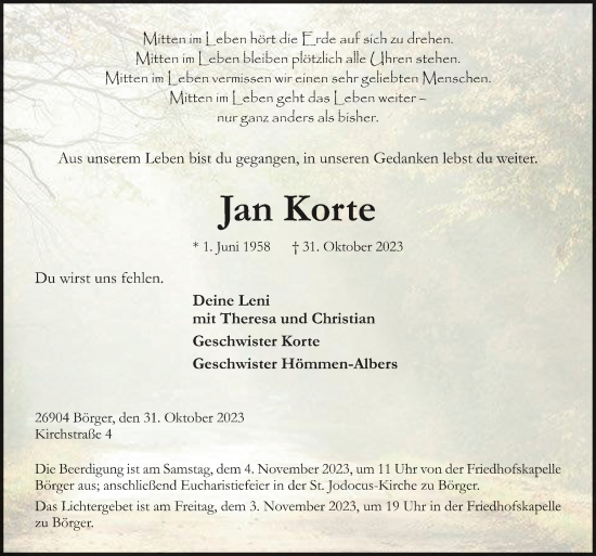 Traueranzeige von Jan Korte von Neue Osnabrücker Zeitung GmbH & Co. KG