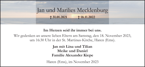 Traueranzeige von Jan Mecklenburg von Neue Osnabrücker Zeitung GmbH & Co. KG