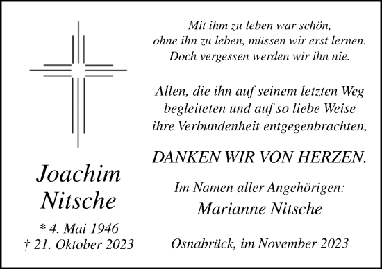 Traueranzeige von Joachim Nitsche von Neue Osnabrücker Zeitung GmbH & Co. KG