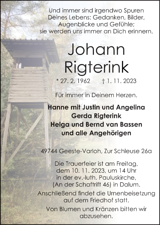 Traueranzeige von Johann Rigterink von Neue Osnabrücker Zeitung GmbH & Co. KG