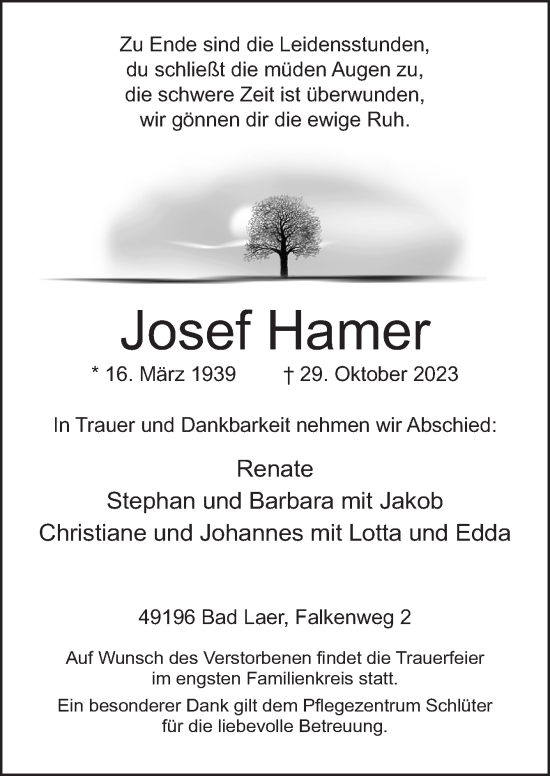 Traueranzeige von Josef Hamer von Neue Osnabrücker Zeitung GmbH & Co. KG