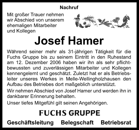 Traueranzeige von Josef Hamer von Neue Osnabrücker Zeitung GmbH & Co. KG