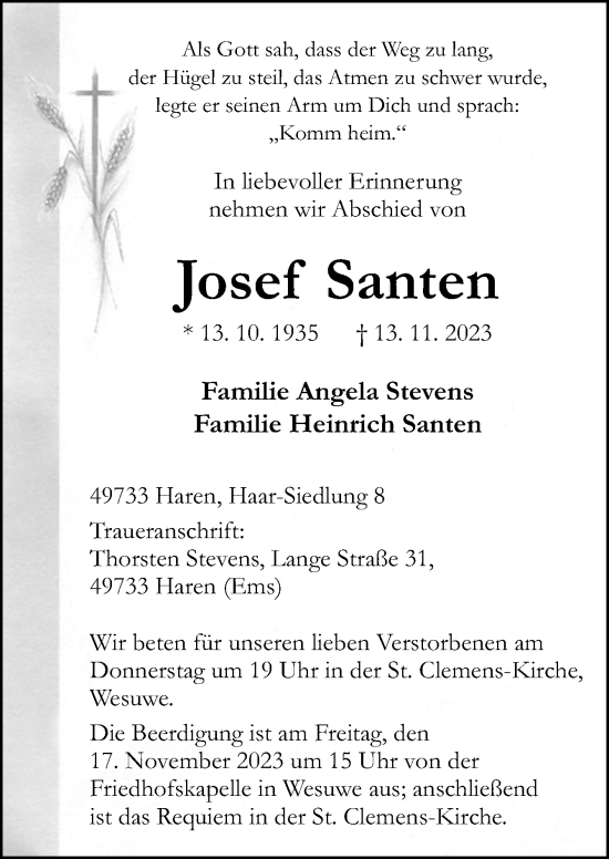 Traueranzeige von Josef Santen von Neue Osnabrücker Zeitung GmbH & Co. KG