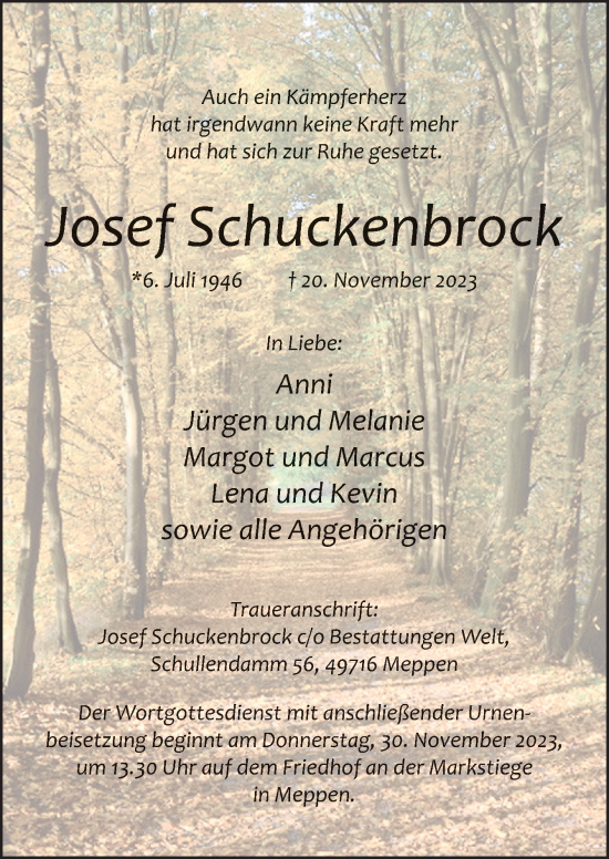 Traueranzeige von Josef Schuckenbrock von Neue Osnabrücker Zeitung GmbH & Co. KG