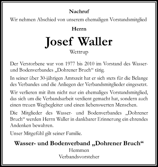 Traueranzeige von Josef Waller von Neue Osnabrücker Zeitung GmbH & Co. KG