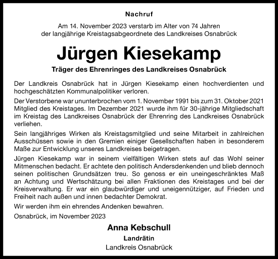 Traueranzeige von Jürgen Kiesekamp von Neue Osnabrücker Zeitung GmbH & Co. KG