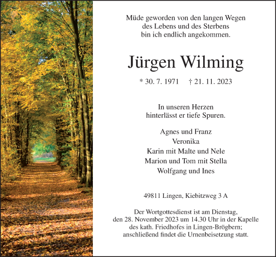 Traueranzeige von Jürgen Wilming von Neue Osnabrücker Zeitung GmbH & Co. KG
