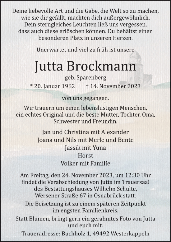Traueranzeige von Jutta Brockmann von Neue Osnabrücker Zeitung GmbH & Co. KG