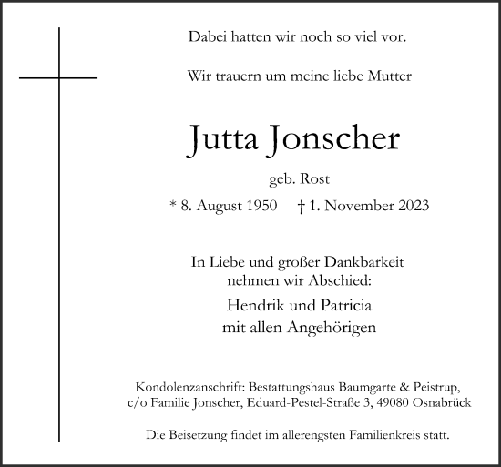 Traueranzeige von Jutta Jonscher von Neue Osnabrücker Zeitung GmbH & Co. KG