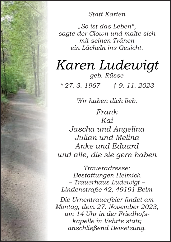 Traueranzeige von Karen Ludewigt von Neue Osnabrücker Zeitung GmbH & Co. KG