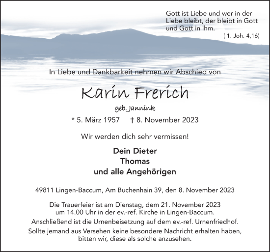 Traueranzeige von Karin Frerich von Neue Osnabrücker Zeitung GmbH & Co. KG