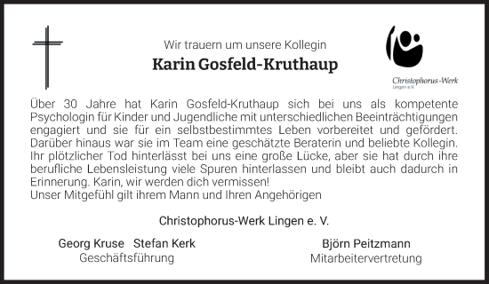 Traueranzeige von Karin Gosfeld-Kruthaup von Neue Osnabrücker Zeitung GmbH & Co. KG