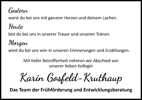 Traueranzeige von Karin Gosfeld-Kruthaup von Neue Osnabrücker Zeitung GmbH & Co. KG