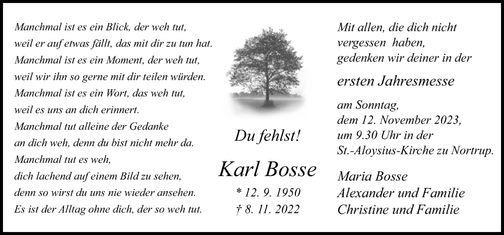  Traueranzeige für Karl Bosse vom 08.11.2023 aus Neue Osnabrücker Zeitung GmbH & Co. KG