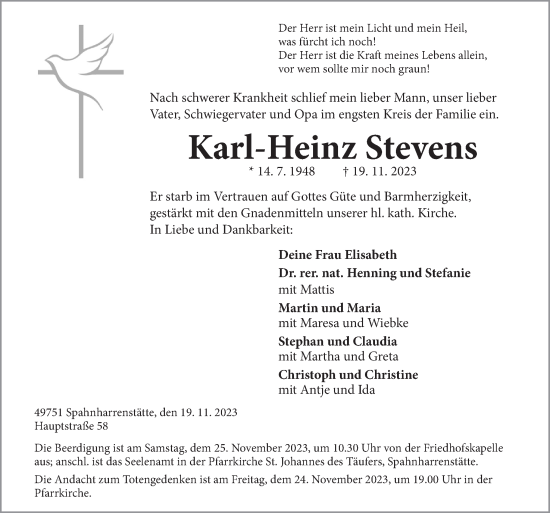 Traueranzeige von Karl-Heinz Stevens von Neue Osnabrücker Zeitung GmbH & Co. KG