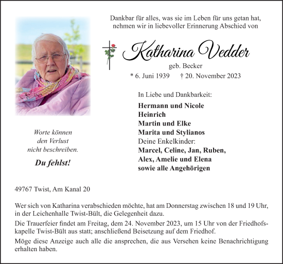 Traueranzeige von Katharina Vedder von Neue Osnabrücker Zeitung GmbH & Co. KG