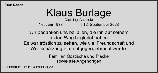 Traueranzeige von Klaus Burlage von Neue Osnabrücker Zeitung GmbH & Co. KG