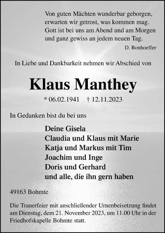 Traueranzeige von Klaus Manthey von Neue Osnabrücker Zeitung GmbH & Co. KG