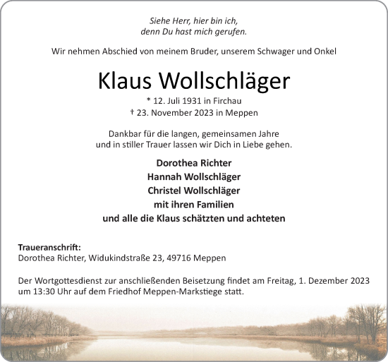 Traueranzeige von Klaus Wollschläger von Neue Osnabrücker Zeitung GmbH & Co. KG