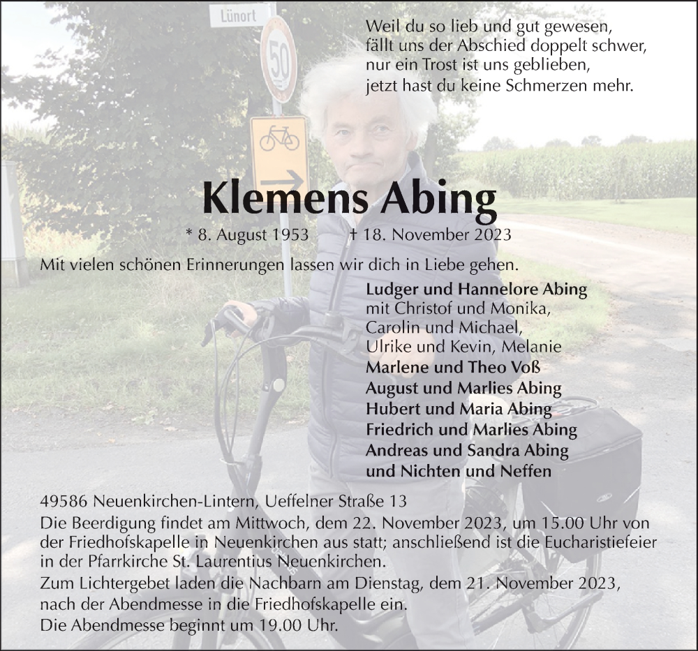 Traueranzeige für Klemens Abing vom 20.11.2023 aus Neue Osnabrücker Zeitung GmbH & Co. KG