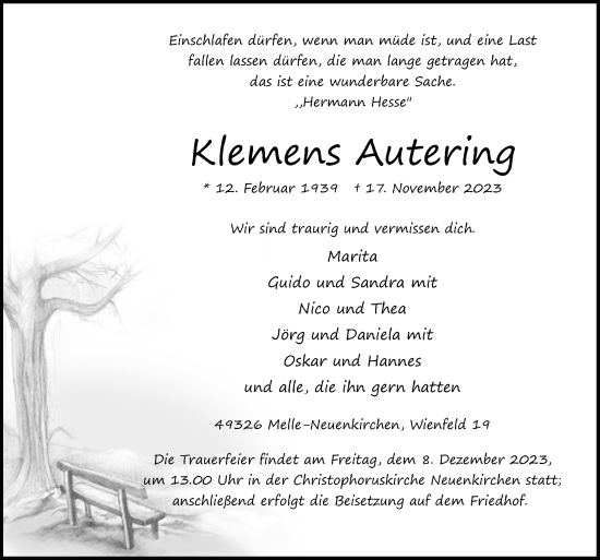 Traueranzeige von Klemens Autering von Neue Osnabrücker Zeitung GmbH & Co. KG