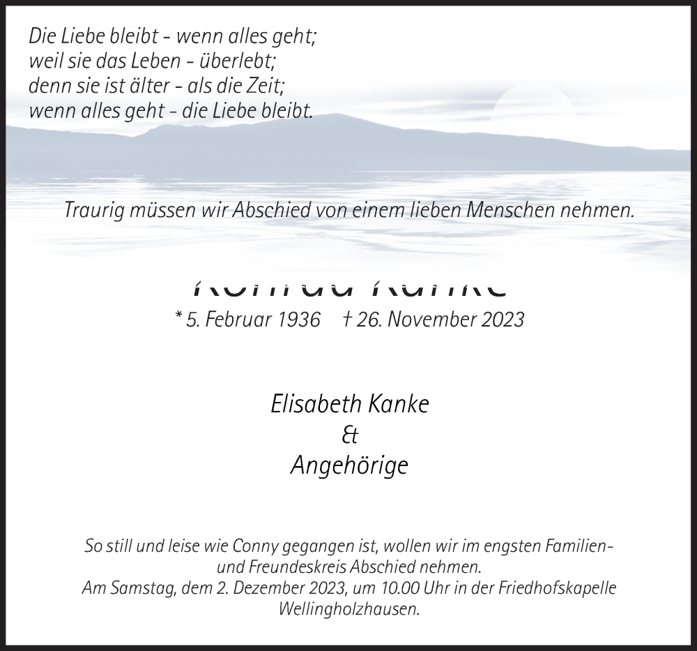  Traueranzeige für Konrad Kanke vom 29.11.2023 aus Neue Osnabrücker Zeitung GmbH & Co. KG