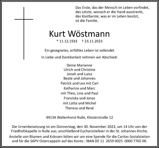 Traueranzeige von Kurt Wöstmann von Neue Osnabrücker Zeitung GmbH & Co. KG