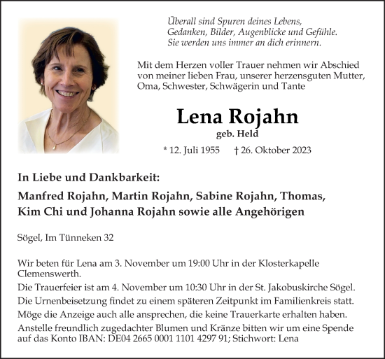 Traueranzeige von Lena Rojahn von Neue Osnabrücker Zeitung GmbH & Co. KG