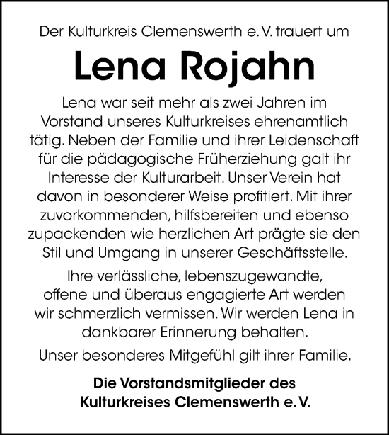 Traueranzeige von Lena Rojahn von Neue Osnabrücker Zeitung GmbH & Co. KG