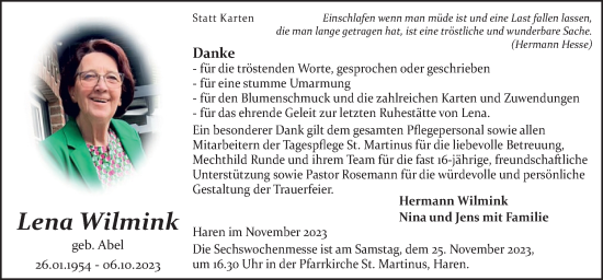 Traueranzeige von Lena Wilmink von Neue Osnabrücker Zeitung GmbH & Co. KG