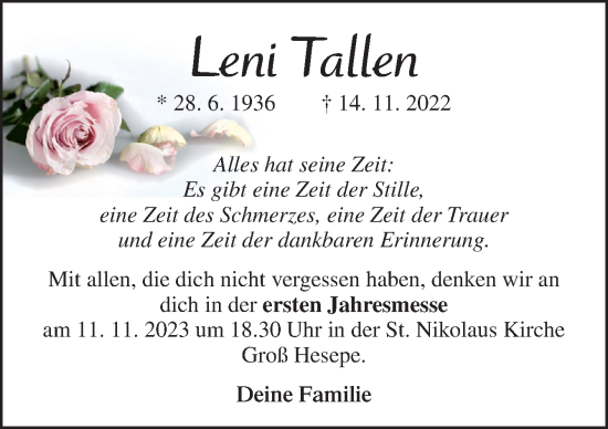 Traueranzeige von Leni Tallen von Neue Osnabrücker Zeitung GmbH & Co. KG