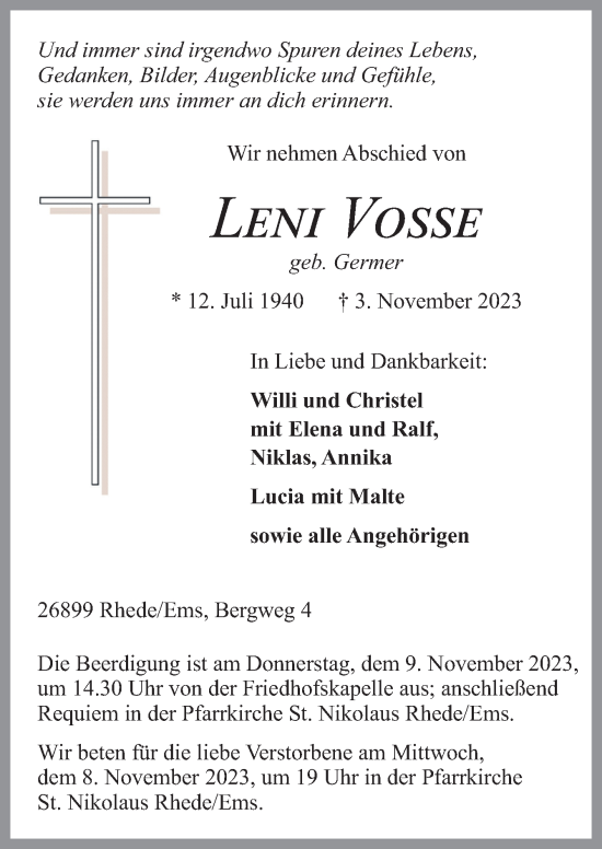 Traueranzeige von Leni Vosse von Neue Osnabrücker Zeitung GmbH & Co. KG