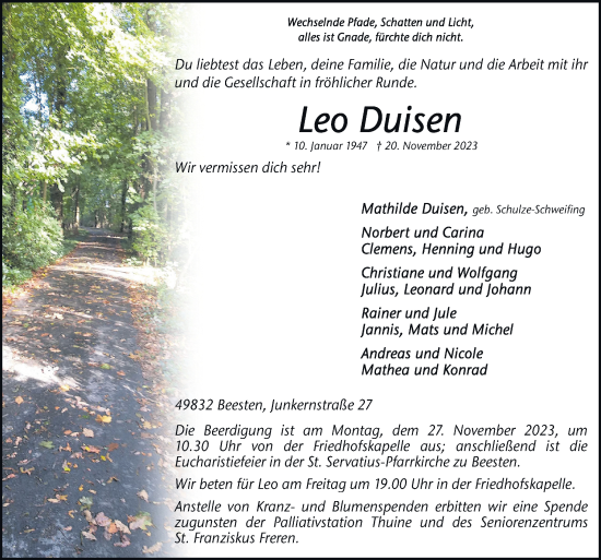 Traueranzeige von Leo Duisen von Neue Osnabrücker Zeitung GmbH & Co. KG