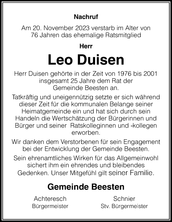 Traueranzeige von Leo Duisen von Neue Osnabrücker Zeitung GmbH & Co. KG