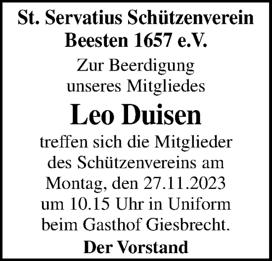 Traueranzeige von Leo Duisen von Neue Osnabrücker Zeitung GmbH & Co. KG
