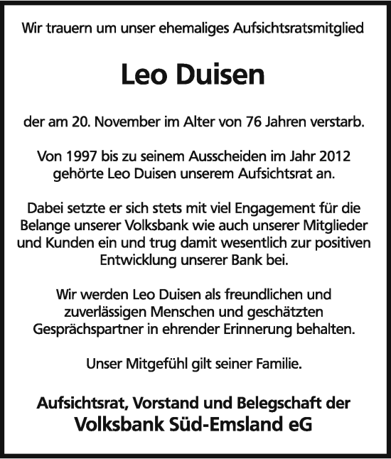 Traueranzeige von Leo Duisen von Neue Osnabrücker Zeitung GmbH & Co. KG