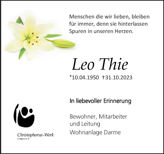 Traueranzeige von Leo Thie von Neue Osnabrücker Zeitung GmbH & Co. KG