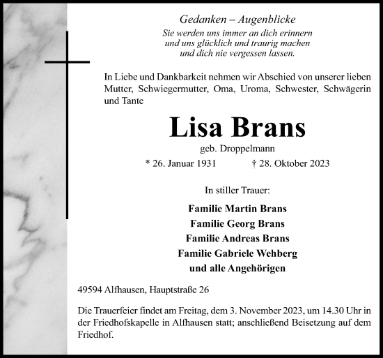 Traueranzeige von Lisa Brans von Neue Osnabrücker Zeitung GmbH & Co. KG